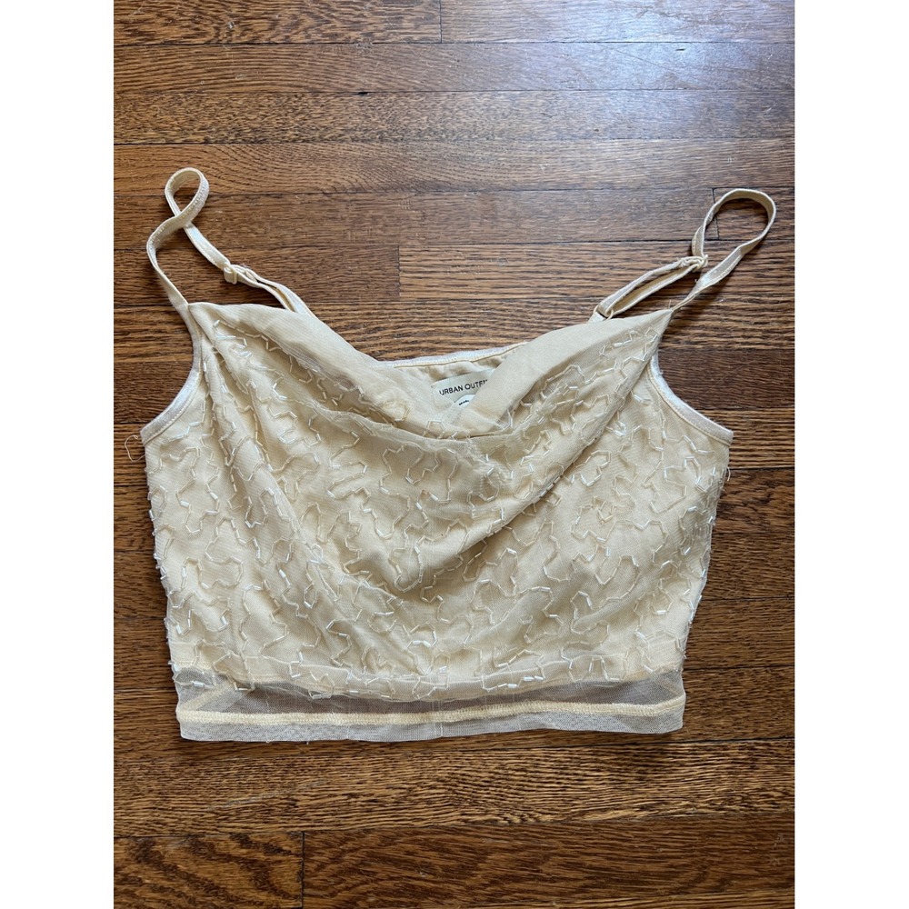 Urban Outfitters Beaded Mesh Cowl Neck Cami Crop Top Cream Beige Medium